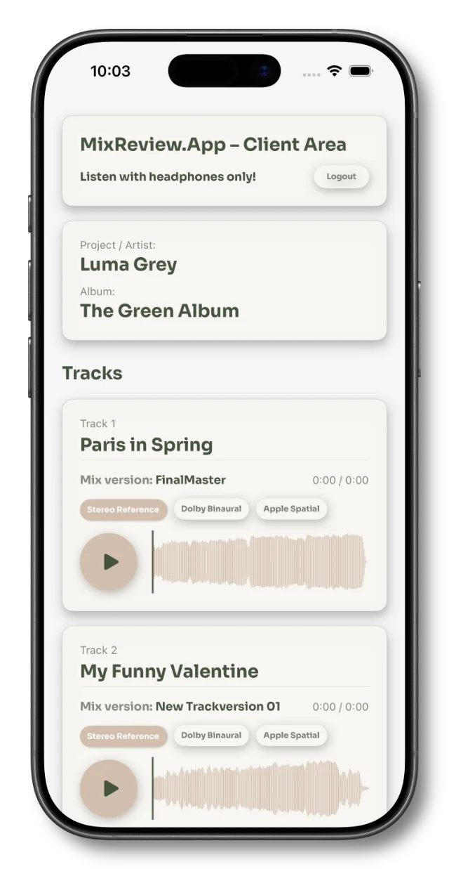 The same album in the client view on an iPhone, with Stereo Reference, Dolby Binaural and Apple Spatial per track
